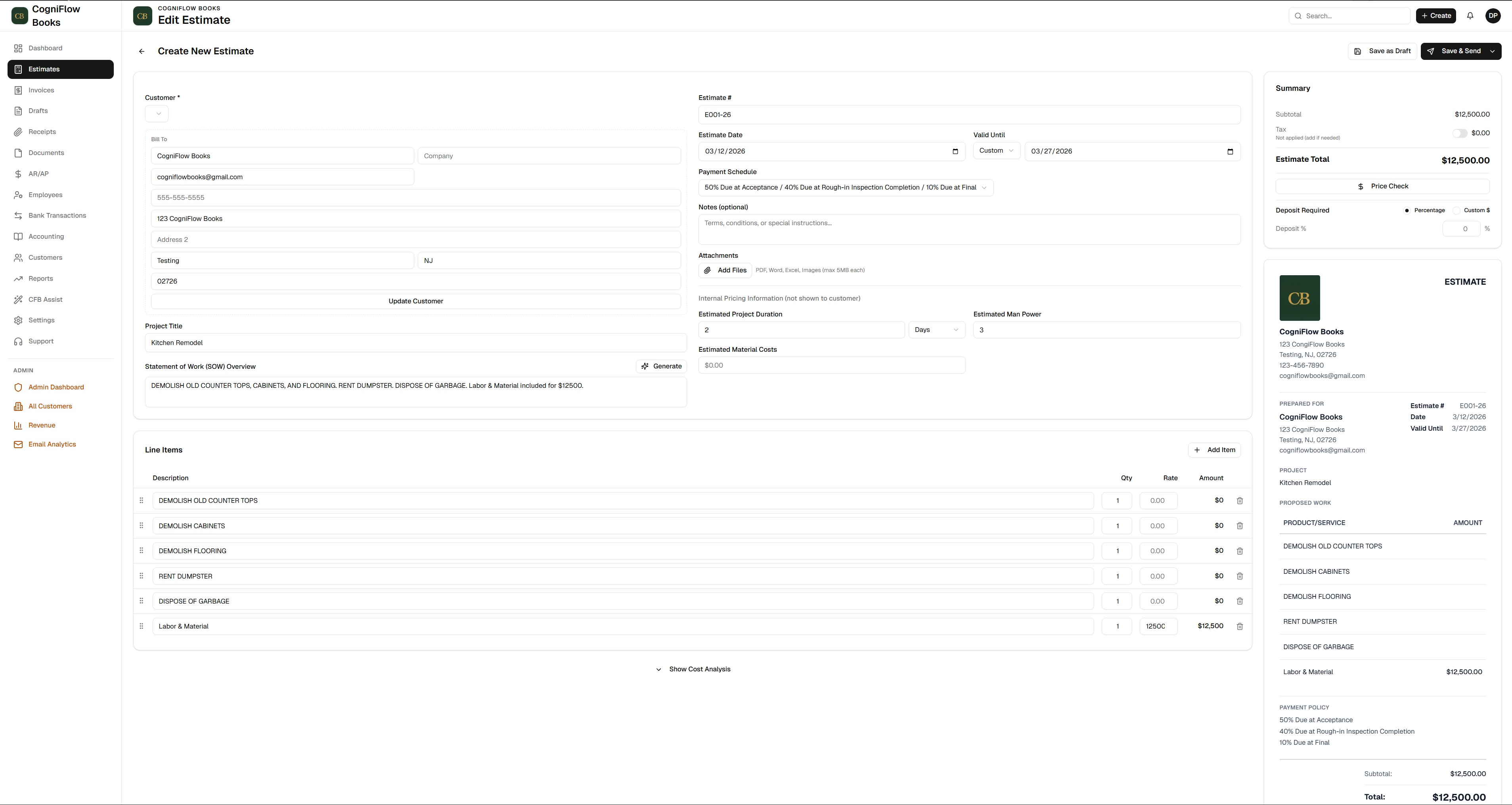 CogniFlow Books contractor estimating software showing AI-generated scope of work with line items and pricing