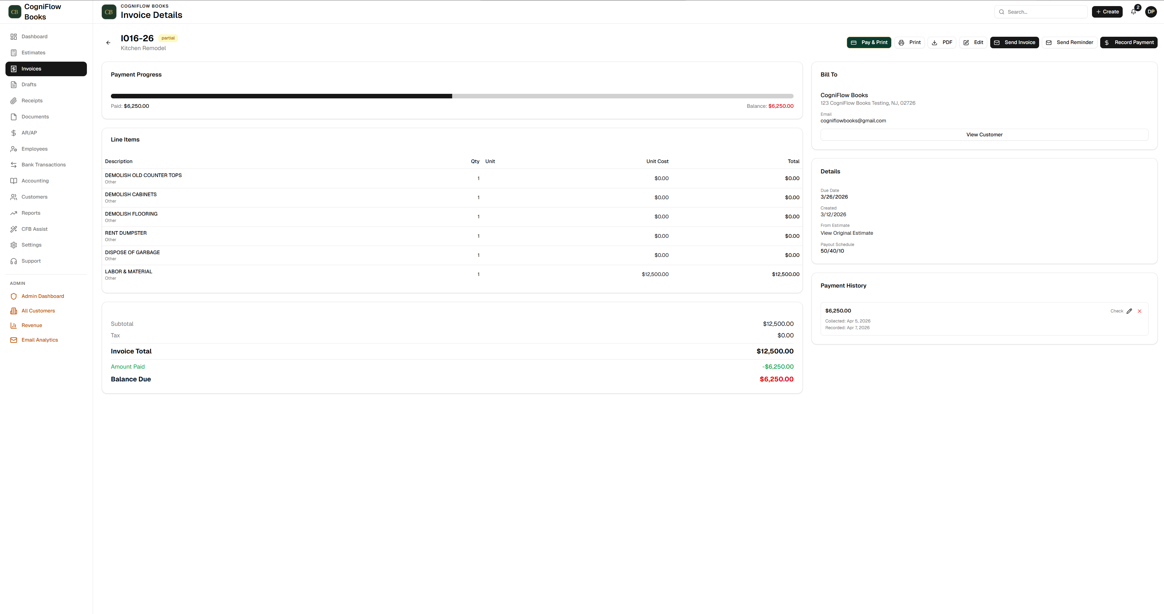 CogniFlow Books contractor invoicing software with payment tracking, deposit billing, and outstanding balance view